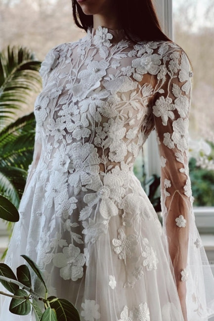 Elegant High Collar A-Line Lace Wedding Dress with Long Sleeves and Ch Newinlook Elegant High Collar A-Line Lace Wedding Dress with Long Sleeves and Ch Newinlook