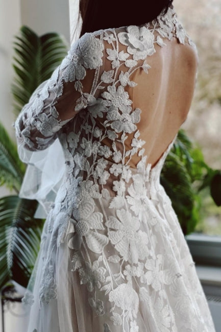 Elegant High Collar A-Line Lace Wedding Dress with Long Sleeves and Ch Newinlook Elegant High Collar A-Line Lace Wedding Dress with Long Sleeves and Ch Newinlook