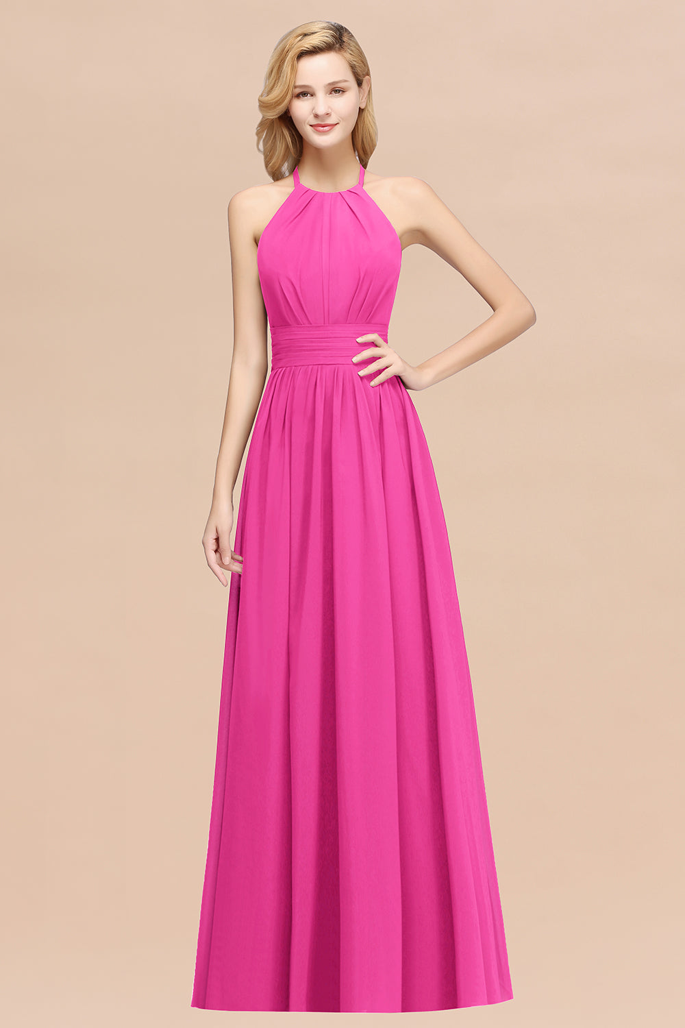 Elegant High-Neck Halter Long Affordable Bridesmaid Dresses with Ruffles