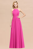 Elegant High-Neck Halter Long Affordable Bridesmaid Dresses with Ruffles