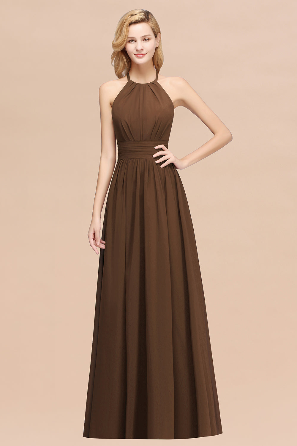 Elegant High-Neck Halter Long Affordable Bridesmaid Dresses with Ruffles