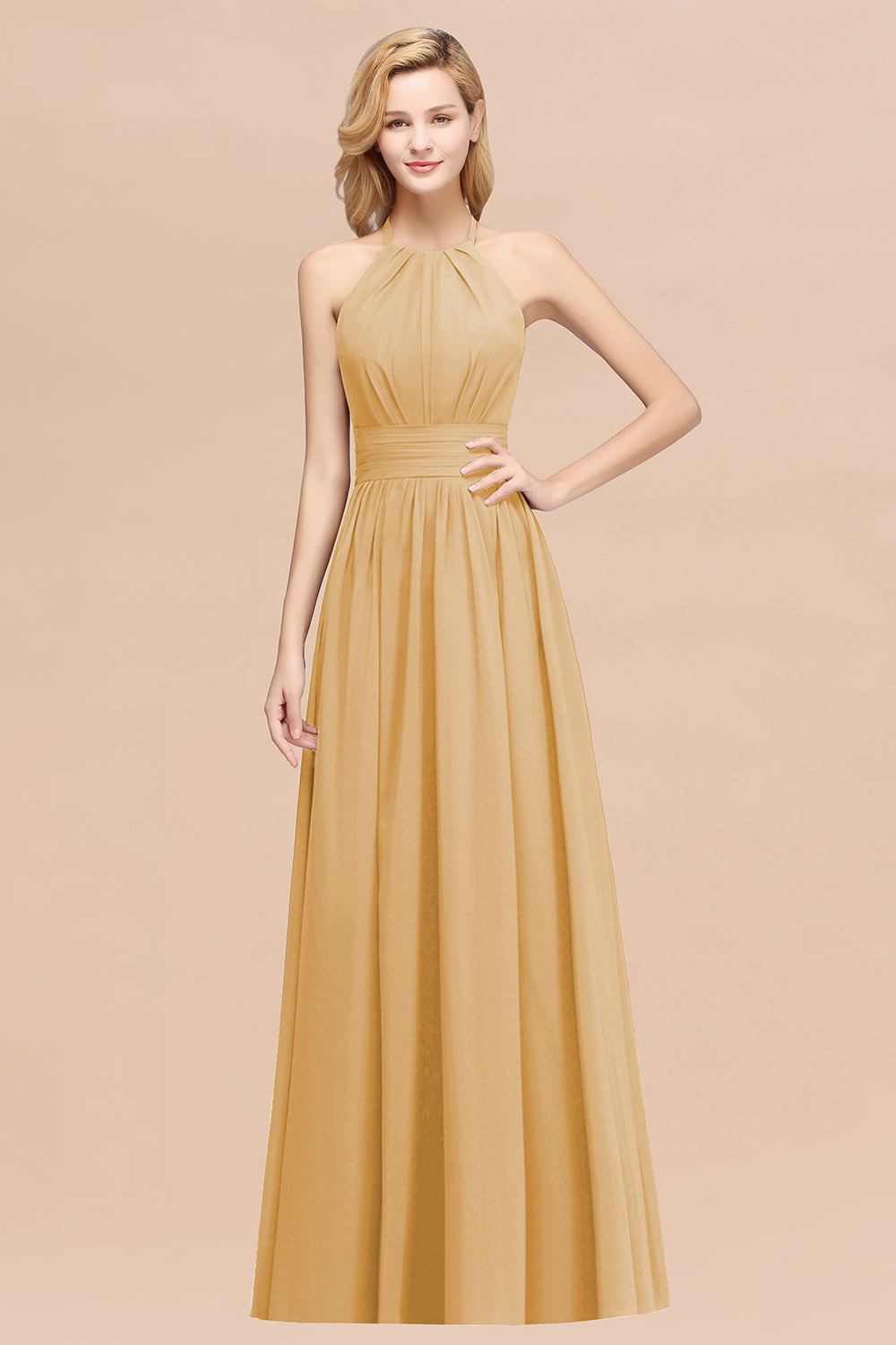 Elegant High-Neck Halter Long Affordable Bridesmaid Dresses with Ruffles