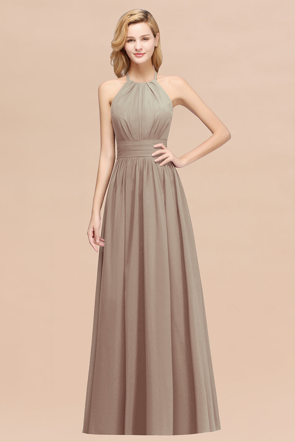 Elegant High-Neck Halter Long Affordable Bridesmaid Dresses with Ruffles