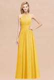 Elegant High-Neck Halter Long Affordable Bridesmaid Dresses with Ruffles
