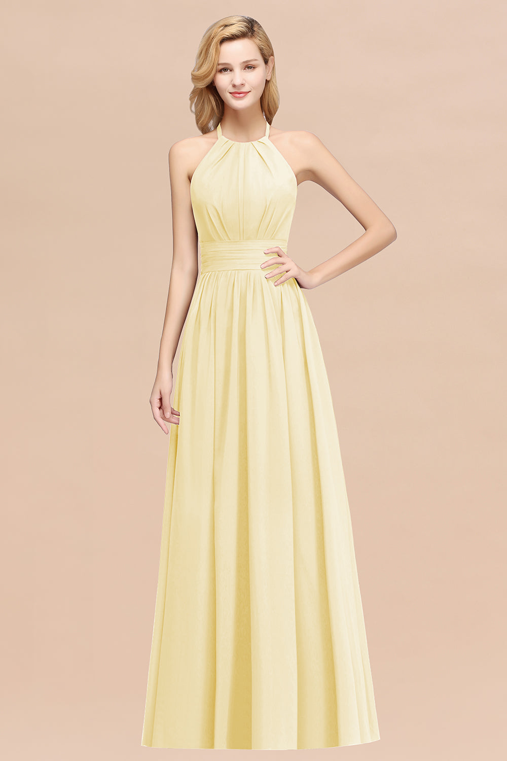 Elegant High-Neck Halter Long Affordable Bridesmaid Dresses with Ruffles