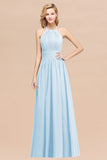 Elegant High-Neck Halter Long Affordable Bridesmaid Dresses with Ruffles