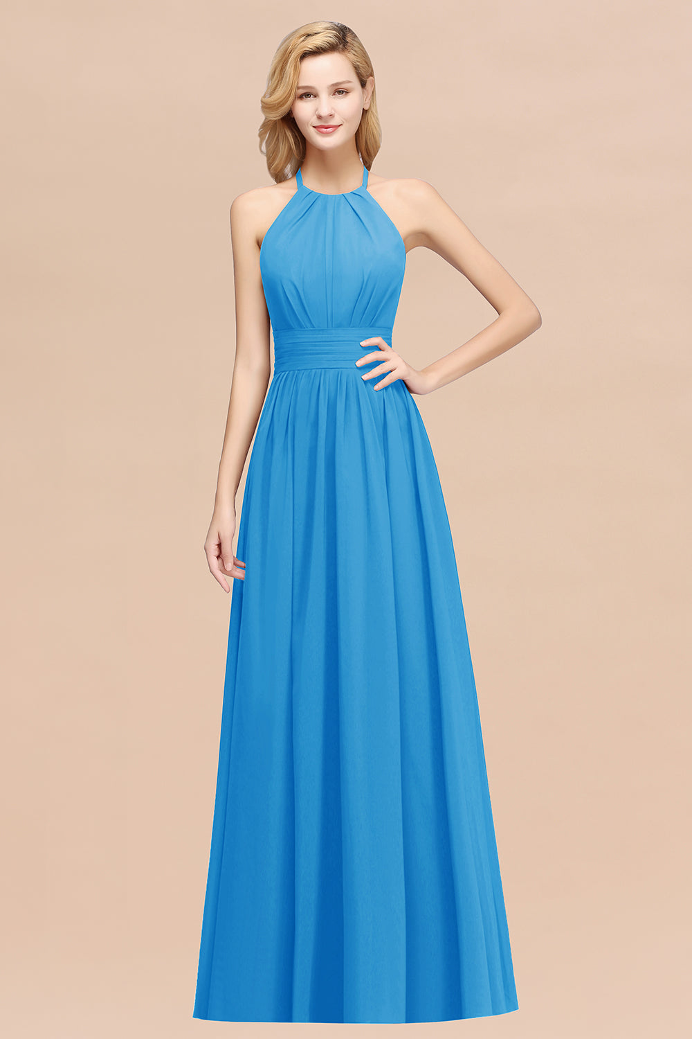 Elegant High-Neck Halter Long Affordable Bridesmaid Dresses with Ruffles