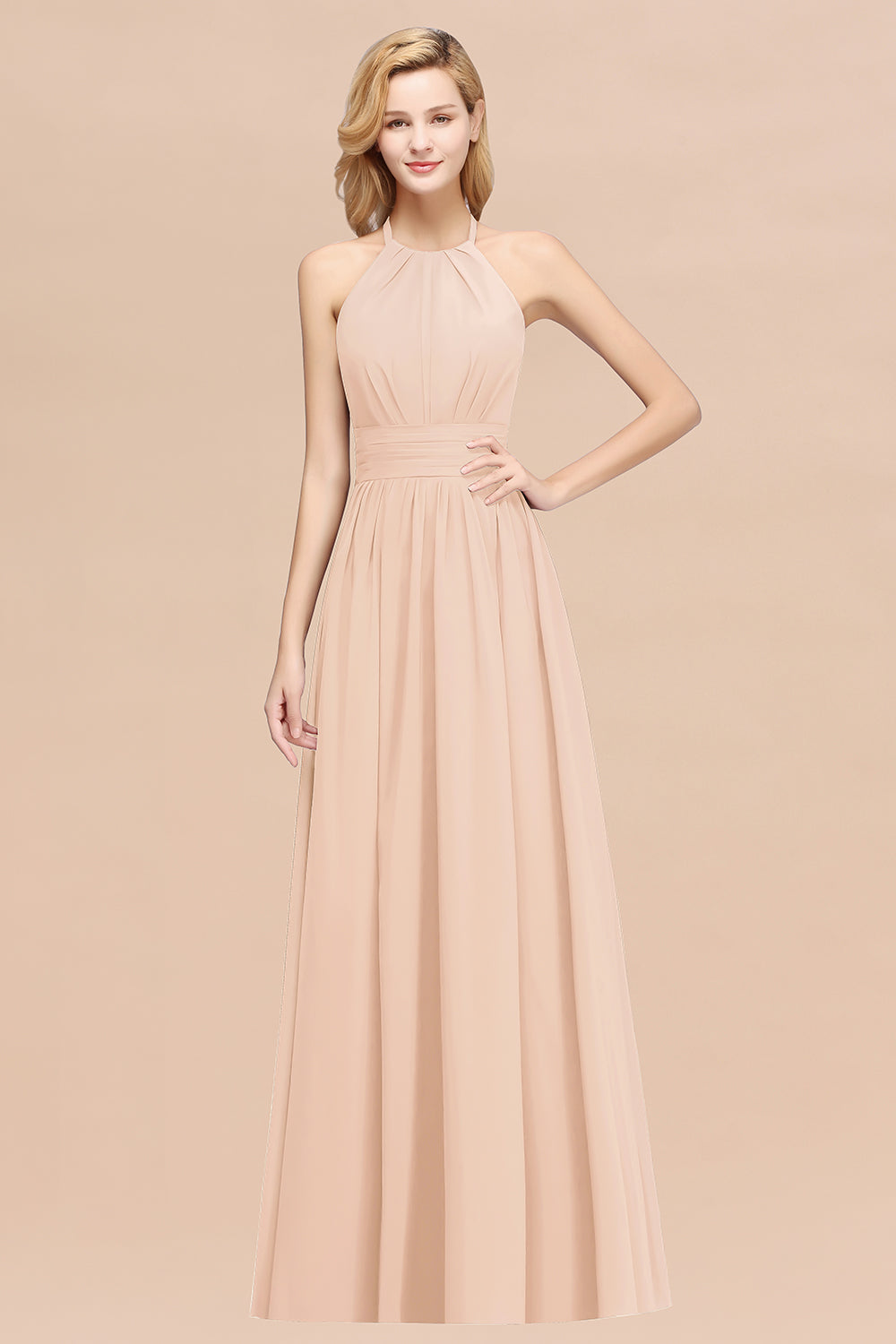 Elegant High-Neck Halter Long Affordable Bridesmaid Dresses with Ruffles