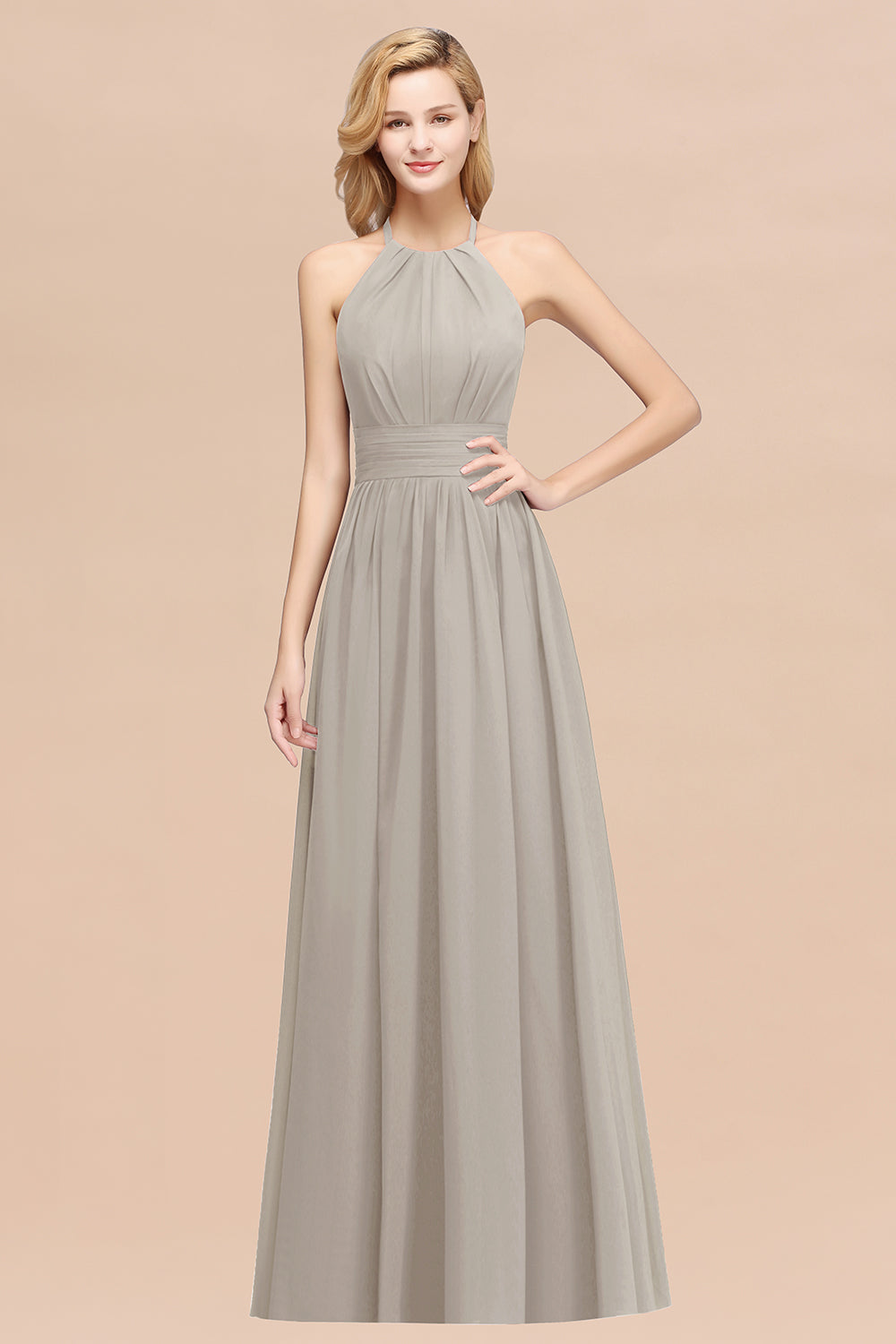 Elegant High-Neck Halter Long Affordable Bridesmaid Dresses with Ruffles