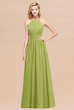 Elegant High-Neck Halter Long Affordable Bridesmaid Dresses with Ruffles