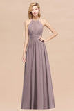 Elegant High-Neck Halter Long Affordable Bridesmaid Dresses with Ruffles