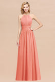 Elegant High-Neck Halter Long Affordable Bridesmaid Dresses with Ruffles