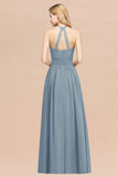 Elegant High-Neck Halter Long Affordable Bridesmaid Dresses with Ruffles