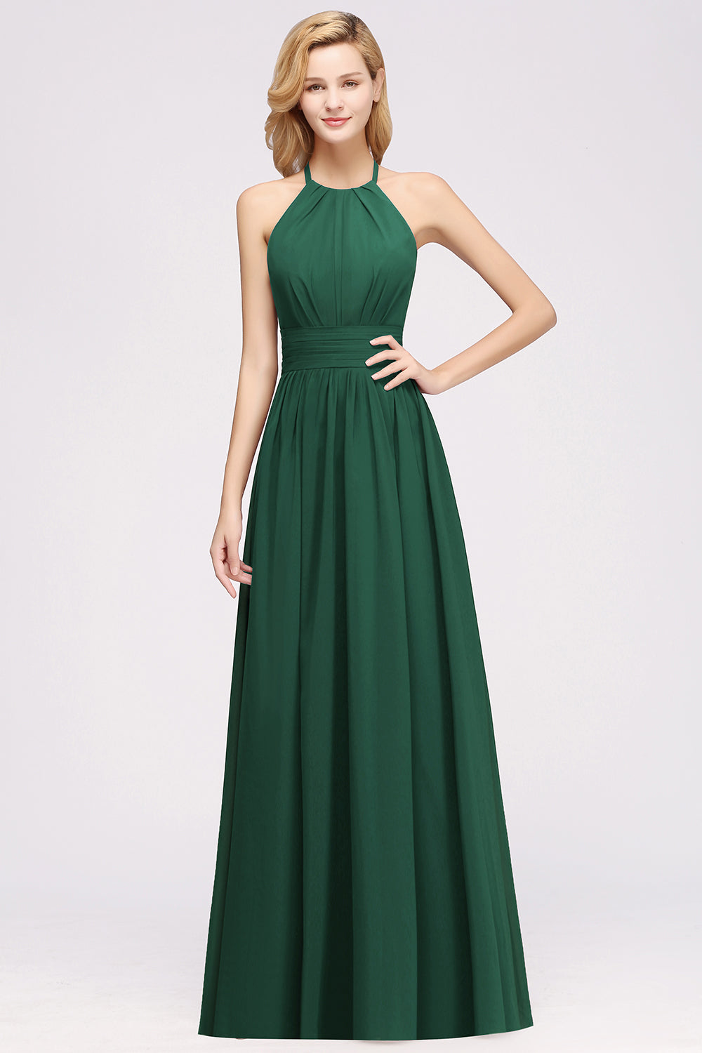 Elegant High-Neck Halter Long Affordable Bridesmaid Dresses with Ruffles