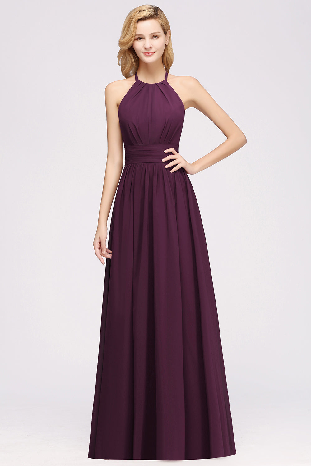 Elegant High-Neck Halter Long Affordable Bridesmaid Dresses with Ruffles