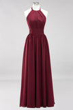 Elegant High-Neck Halter Long Affordable Bridesmaid Dresses with Ruffles
