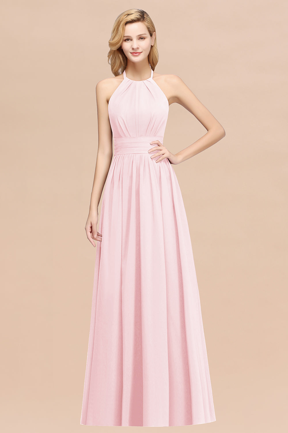 Elegant High-Neck Halter Long Affordable Bridesmaid Dresses with Ruffles