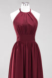 Elegant High-Neck Halter Long Affordable Bridesmaid Dresses with Ruffles
