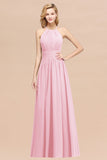Elegant High-Neck Halter Long Affordable Bridesmaid Dresses with Ruffles