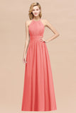 Elegant High-Neck Halter Long Affordable Bridesmaid Dresses with Ruffles