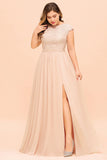 Elegant Jewel Chiffon Lace Affordable Bridesmaid Dresses with Slit