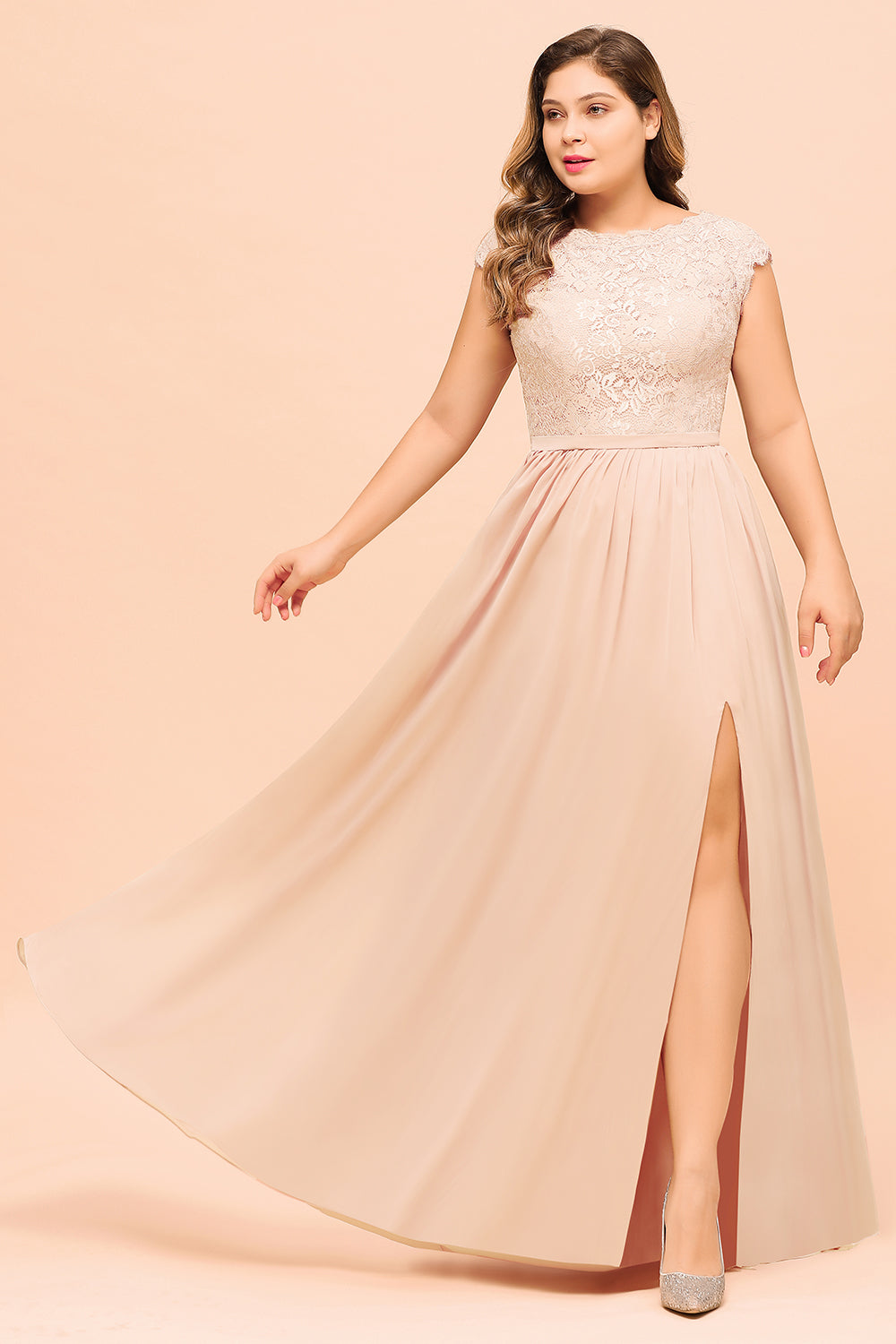 Elegant Jewel Chiffon Lace Affordable Bridesmaid Dresses with Slit