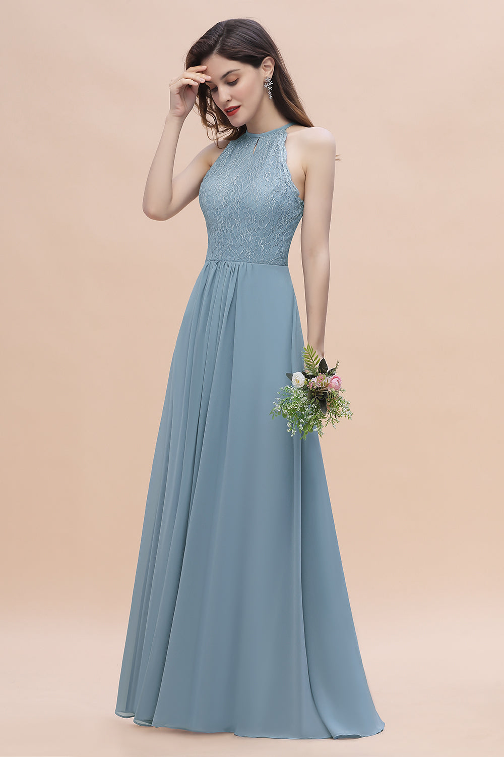 Elegant Jewel Lace Appliques Dusty Blue Chiffon Bridesmaid Dress On Sale
