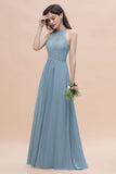 Elegant Jewel Lace Appliques Dusty Blue Chiffon Bridesmaid Dress On Sale