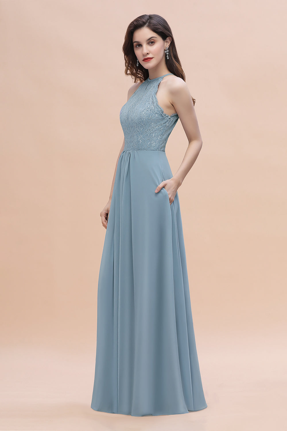 Elegant Jewel Lace Appliques Dusty Blue Chiffon Bridesmaid Dress On Sale