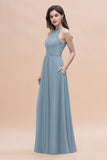 Elegant Jewel Lace Appliques Dusty Blue Chiffon Bridesmaid Dress On Sale