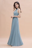 Elegant Jewel Lace Appliques Dusty Blue Chiffon Bridesmaid Dress On Sale