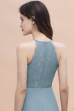 Elegant Jewel Lace Appliques Dusty Blue Chiffon Bridesmaid Dress On Sale