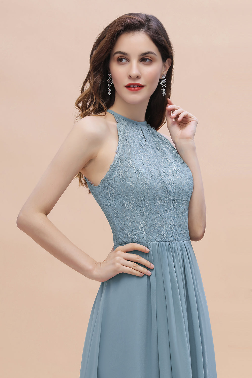 Elegant Jewel Lace Appliques Dusty Blue Chiffon Bridesmaid Dress On Sale