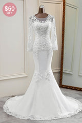 Elegant Jewel Lace Mermaid White Wedding Dresses Long Sleeves Appliques Bridal Gowns