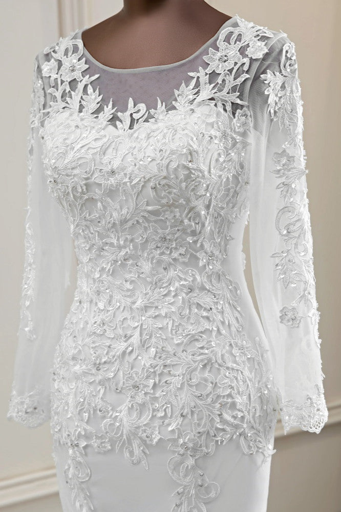 Elegant Jewel Lace Mermaid White Wedding Dresses Long Sleeves Appliques Bridal Gowns