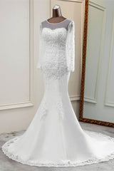 Elegant Jewel Long Sleeves White Mermaid Wedding Dresses with Rhinestone Applqiues