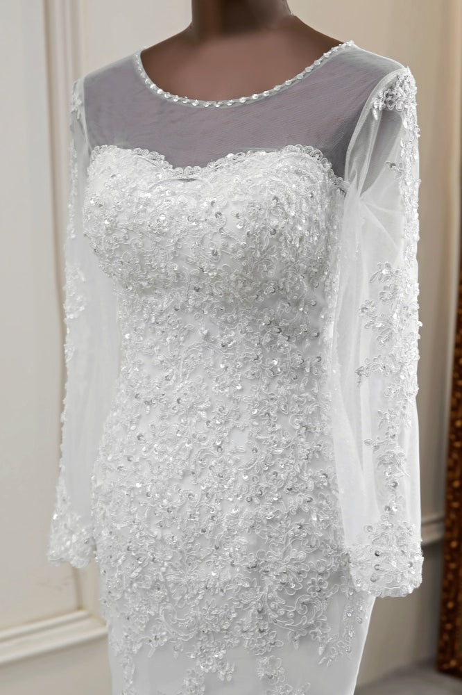 Elegant Jewel Long Sleeves White Mermaid Wedding Dresses with Rhinestone Applqiues
