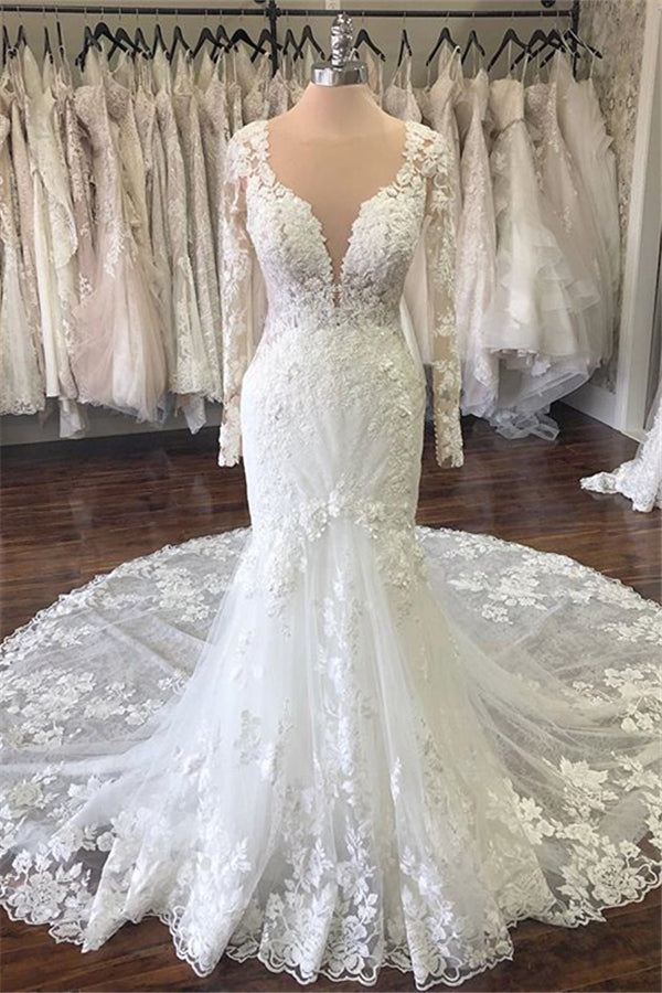 Elegant Jewel Longsleeves Mermaid Wedding Dresses Tulle Ruffles Lace Bridal Gowns With Appliques On Sale