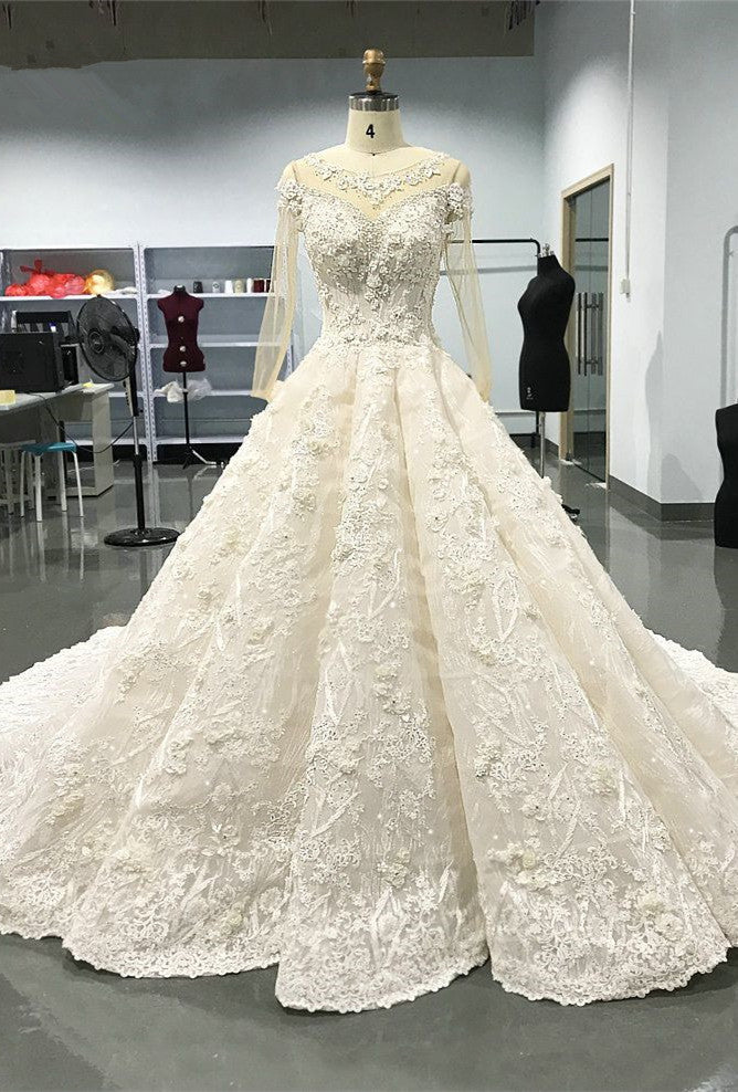 Elegant Jewel Longsleeves White Wedding Dresses With Appliques A-line Ruffles Lace Bridal Gowns On Sale