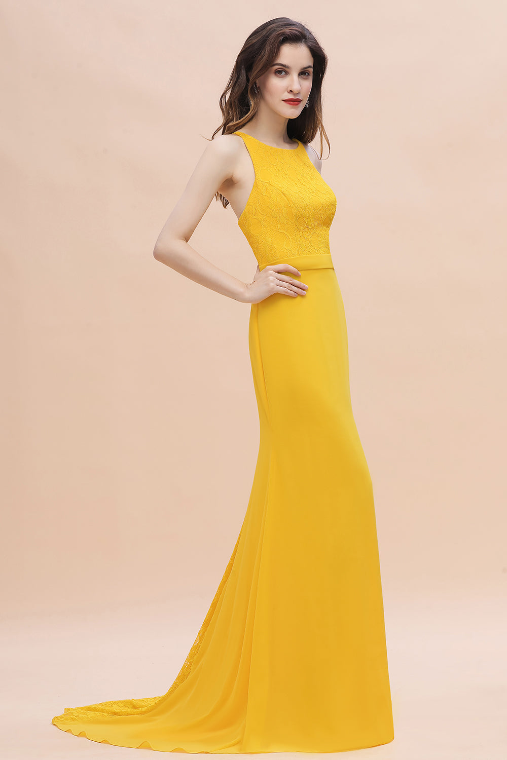 Elegant Jewel Mermaid Chiffon Lace Bridesmaid Dress On Sale