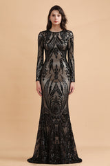Elegant Jewel Sequined Mermaid Prom Dresses Long Sleeves Appliques Party Dress with Overskirt