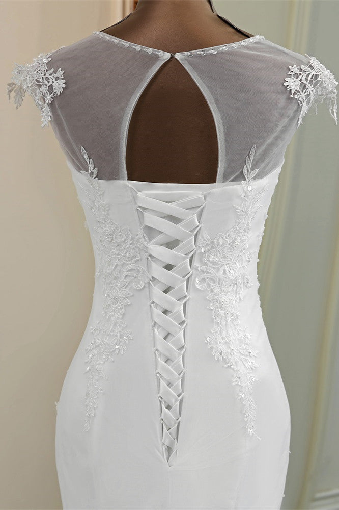 Elegant Jewel Sleeveless White Lace Mermaid Wedding Dresses with Rhinestone Appliques
