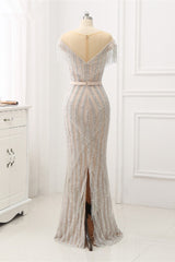 Elegant Jewel Sleeves Silver Mermaid Prom Dresses with Rhinestone