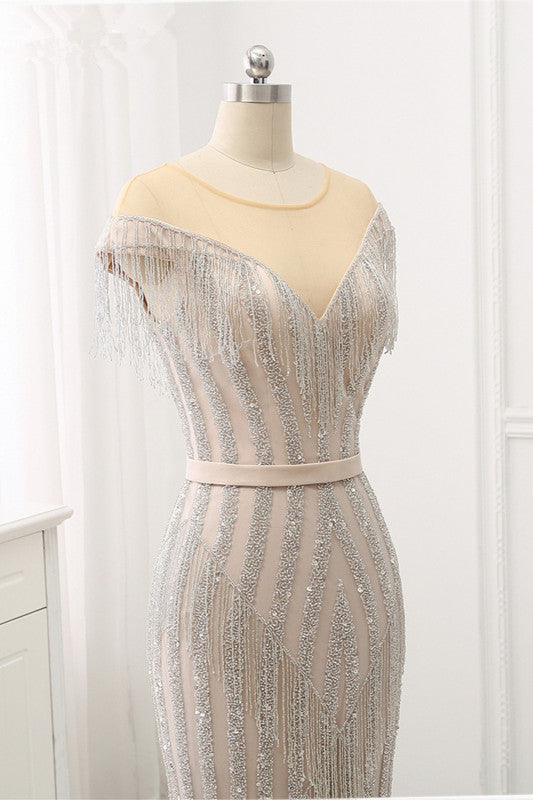 Elegant Jewel Sleeves Silver Mermaid Prom Dresses with Rhinestone