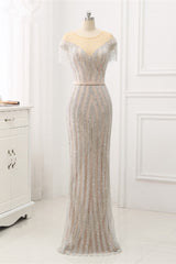 Elegant Jewel Sleeves Silver Mermaid Prom Dresses with Rhinestone