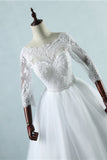 Elegant Jewel Tulle Lace Wedding Dress 3/4 Sleeves Appliques A-Line Bridal Gowns On Sale