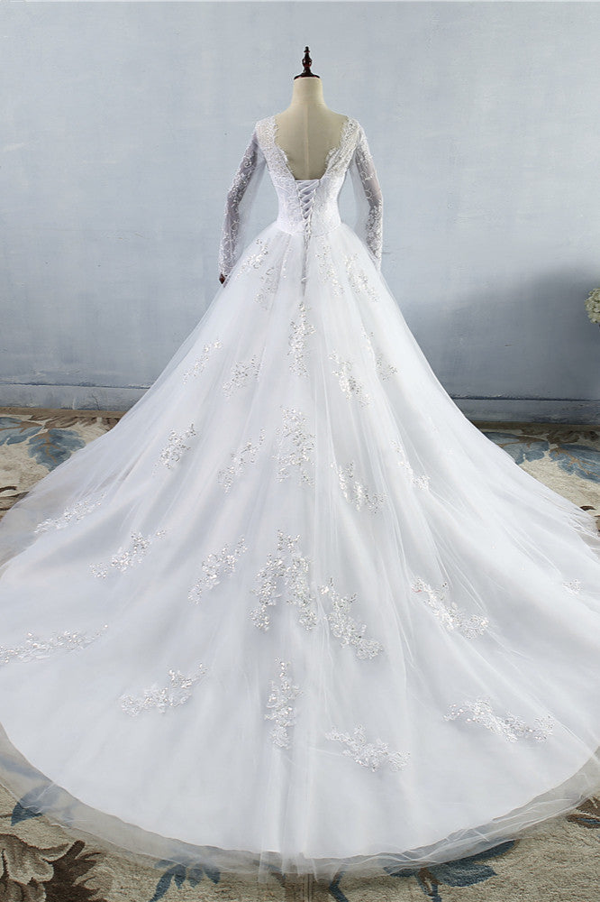 Elegant Jewel Tulle Lace Wedding Dress Long Sleeves Appliques Sequins Bridal Gowns On Sale