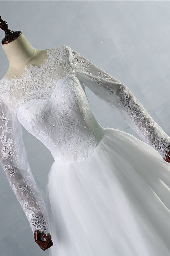 Elegant Jewel Tulle Lace Wedding Dress Long Sleeves Appliques Sequins Bridal Gowns On Sale