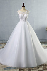 Elegant Jewel Tulles Lace Wedding Dress Sleeveless Appliques Beadings Bridal Gowns Online