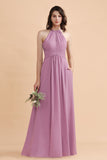 Elegant Jewel Wisteria Chiffon Ruffles Bridesmaid Dress with Pockets On sale